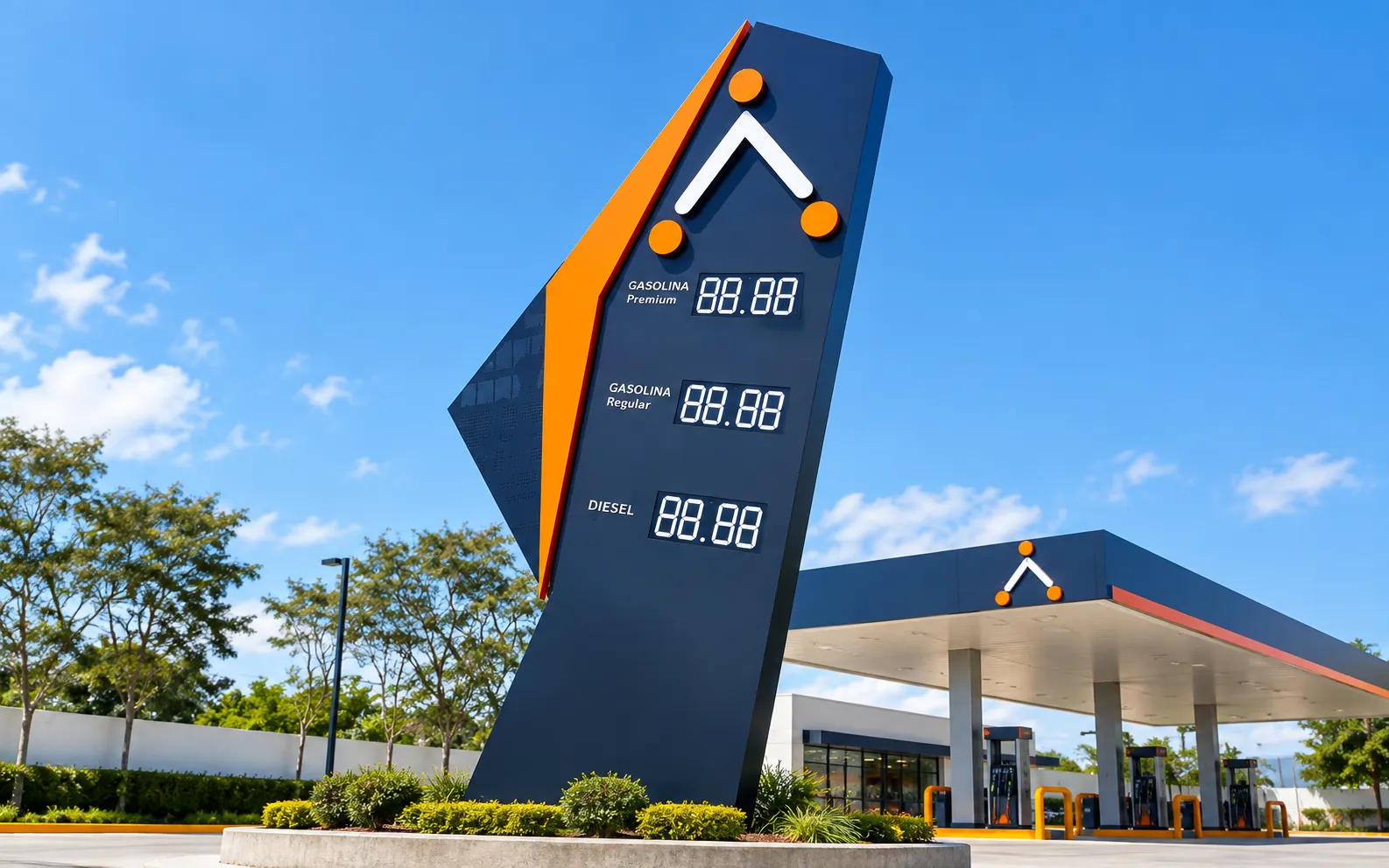 Tótem publicitario instalado en exterior comercial